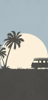 Retro style wallpaper with palm trees and a van silhouetted against a sunset.