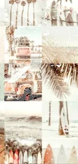 Collage of vintage beach scenes with surfboards and palm trees.