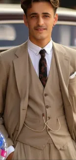 Elegant man in vintage beige suit posing outdoors.