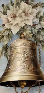 Vintage bell with floral pattern decoration on a wallpaper.