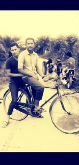 Vintage sepia photo of friends on a bicycle.