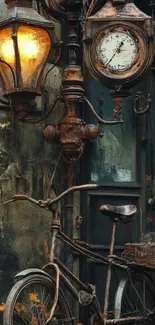 Vintage bicycle and clock with street lamp on rustic wall.