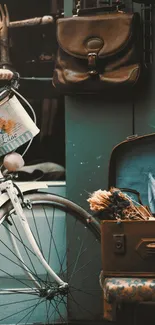 Vintage bicycle, leather bag, and suitcase with teal tones for mobile wallpaper.