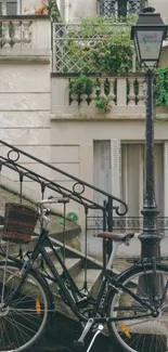 Vintage bicycle on Parisian steps with greenery.