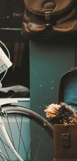 Vintage bicycle and teal backdrop with rustic decor in urban scene.