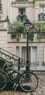 Vintage bicycle and cityscape mobile wallpaper with beige tones.