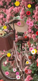 Vintage bicycle by pink roses with sun hat and basket.