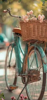 Vintage bicycle with flower basket in sunlight.