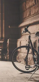 Vintage bicycle leaning against a sepia-toned urban wall.