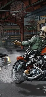 Vintage biker art wallpaper with skeleton rider in urban scene.