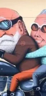 Elderly couple on motorcycle mural, vibrant colors.