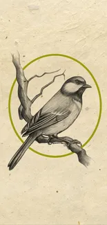 Vintage sketch of bird on textured beige background.