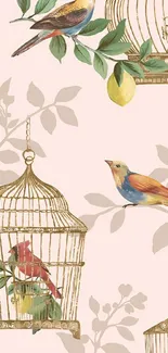 Vintage wallpaper with birdcages and birds in beige and green tones.
