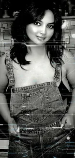 Black and white photo of a woman in denim overalls.