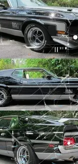 Vintage black Mustang car in three views.