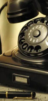 A classic black rotary phone with a vintage design on a desk.