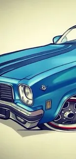 Vibrant blue vintage muscle car in cartoon style illustration.