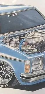 Hand-drawn illustration of a vintage blue car with detailed engine components.