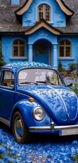 Vintage blue car in a vibrant flower garden with a charming cottage in the background.