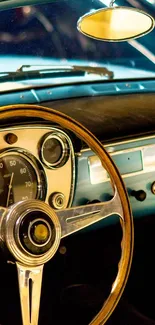 Vintage blue car interior with retro dashboard and steering wheel.