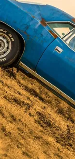 A vintage blue car on a rustic hill with earthy tones and scenic backdrop.