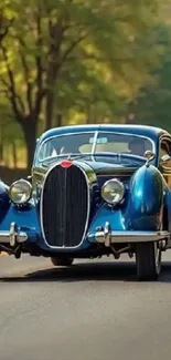 Vintage blue car on a scenic, tree-lined road.