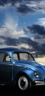 Vintage blue car under dramatic cloudy sky.