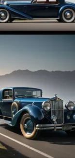 Vintage blue car on scenic road with mountain backdrop.