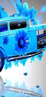 Vintage blue car with floral design and reflective background.