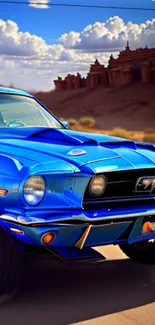 Vintage blue Mustang parked in desert with cloudy sky.