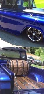 Vintage blue pickup truck with polished exterior in bright sunlight.