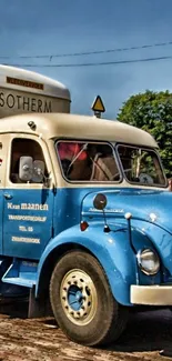 Vintage blue truck with classic design on cobblestone path.