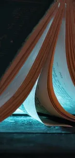 Open vintage book with glowing blue light beneath it.