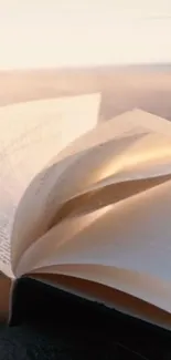 Open vintage book on a sandy beach, pages turned.