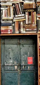 Vintage door surrounded by stacked books in a rustic setting.