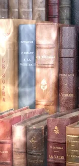 A collection of vintage leather-bound books on a bookshelf.