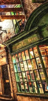 Vintage bookshop scene with green tones and warm brick facade, perfect for wallpaper.