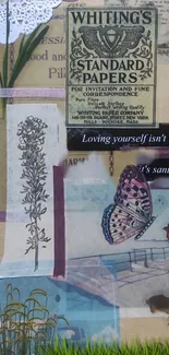 Vintage collage with botanical art and a butterfly accent.