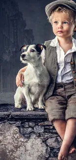 A vintage-style wallpaper of a young boy with his dog in an urban setting.