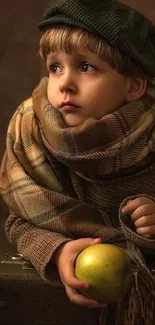 Vintage portrait of boy with scarf and apple, set in warm earthy tones.