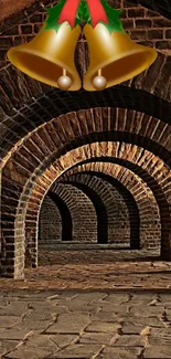 Vintage brick archway with golden bells above, creating a festive atmosphere.