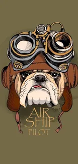 Vintage bulldog pilot art with goggles on olive background.