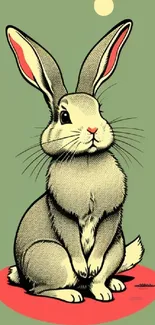 Vintage rabbit illustration on a green background with a red base.