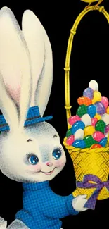 Vintage Easter bunny with colorful egg basket against black background.