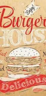 Vintage burger wallpaper with artistic typography and food-themed words.