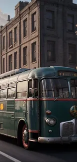 Vintage bus on a city street with historic buildings at dusk.