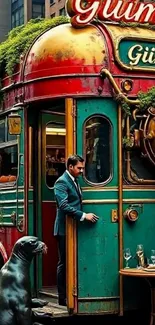 Gentleman boarding colorful vintage bus with street view.