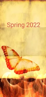 Vintage butterfly on paper with Spring 2022 text, set on dark wood background.