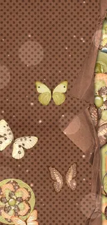 Vintage butterfly wallpaper with floral designs in brown.