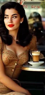 Elegant woman in vintage cafe enjoying coffee with retro style.